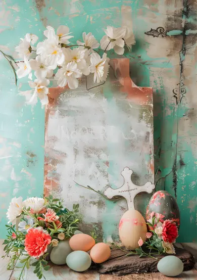 Osterdeko mit Kreuz, Ostereier und Blumen