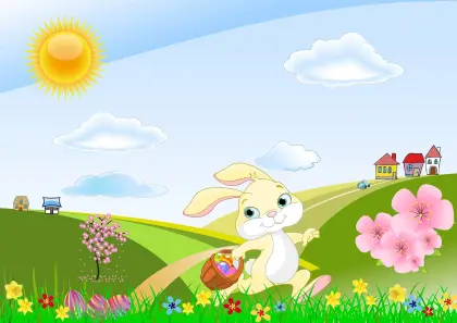 Hase mit Ostereier auf einer Frühlingswiese