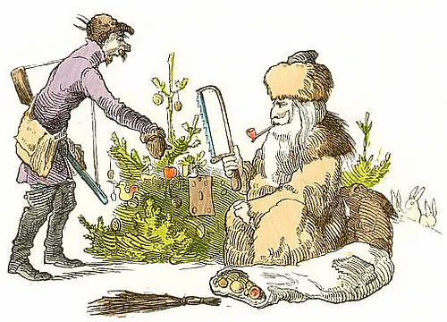 Pelzmärtel schneidet enen Christbaum