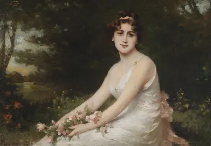 Junge Dame mit Rosen am Seeufer