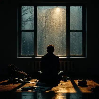 Person sitzt allein an einem vom Regen benetzten Fenster. Die dunkle Silhouette vor dem hellen Fenster bildet einen eindrucksvollen Kontrast, der von friedvoller Einsamkeit zeugt