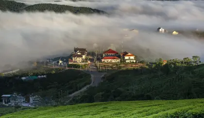 Dorf auf einem Hügel im Nebel