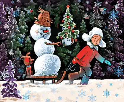 Schneemann auf einem Schlitten im Winterwald